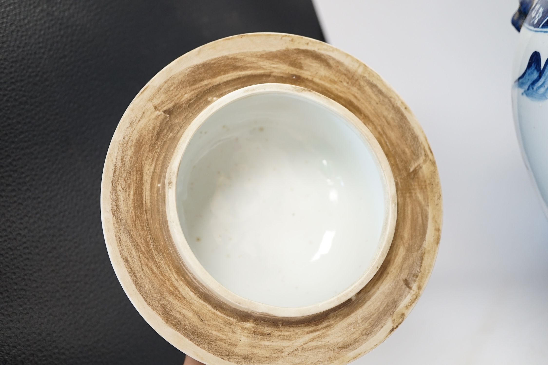 A large Chinese blue and white jar and cover, 50cm high. Condition - fair